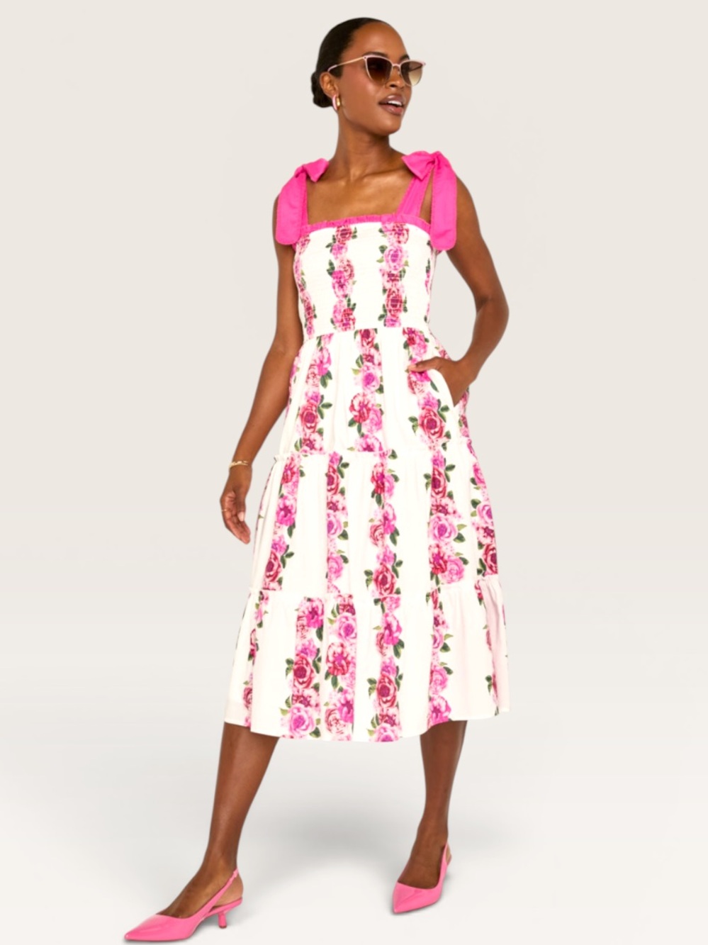 Francesca's Floral Pink Rose Mia Tie Strap Midi Dress